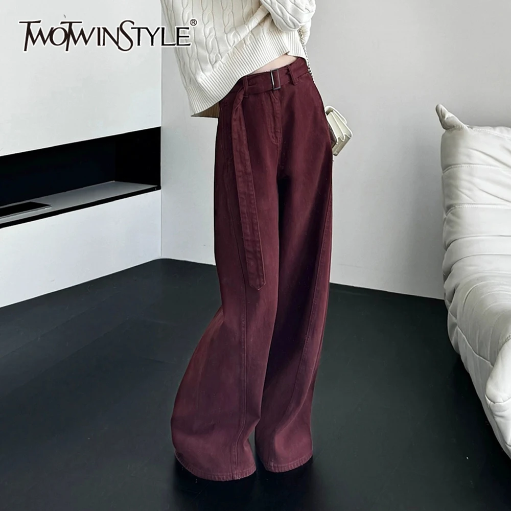 TWOTWINSTYLE Solid Patchwork Belt Trousers For Women High Waist Spliced Pocket Casual Full Length Wide Leg Pant Female Clothes