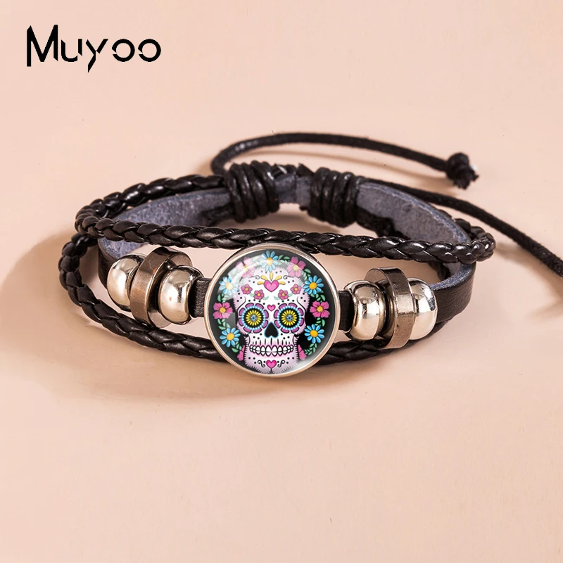 2023 New Arrival Fashion Artistic Flower Sugar Mexican Skull Glass Dome Jewelry Handmade Black Leather Bracelets