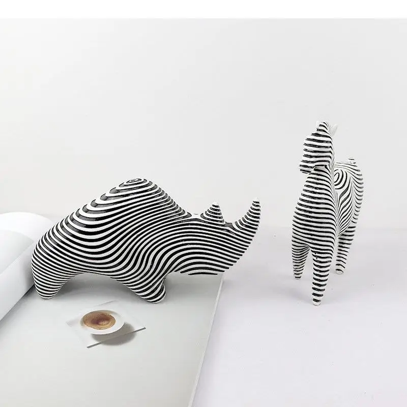 Zebra Stripes Rhino/horse Resin Statue Modern Design Animal Ornaments Desk Decoration Abstract Sculpture Room Aesthetics Decor