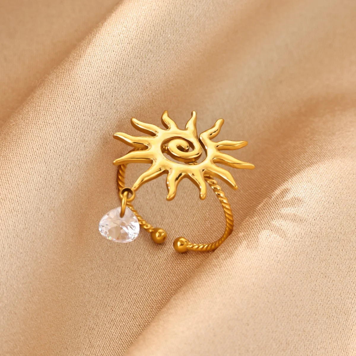 Stainless Steel Sun Flame Ring With Zircon Pendant Open Gold Color Adjustable Finger Ring Female Aesthetic Jewelry Wedding Gift