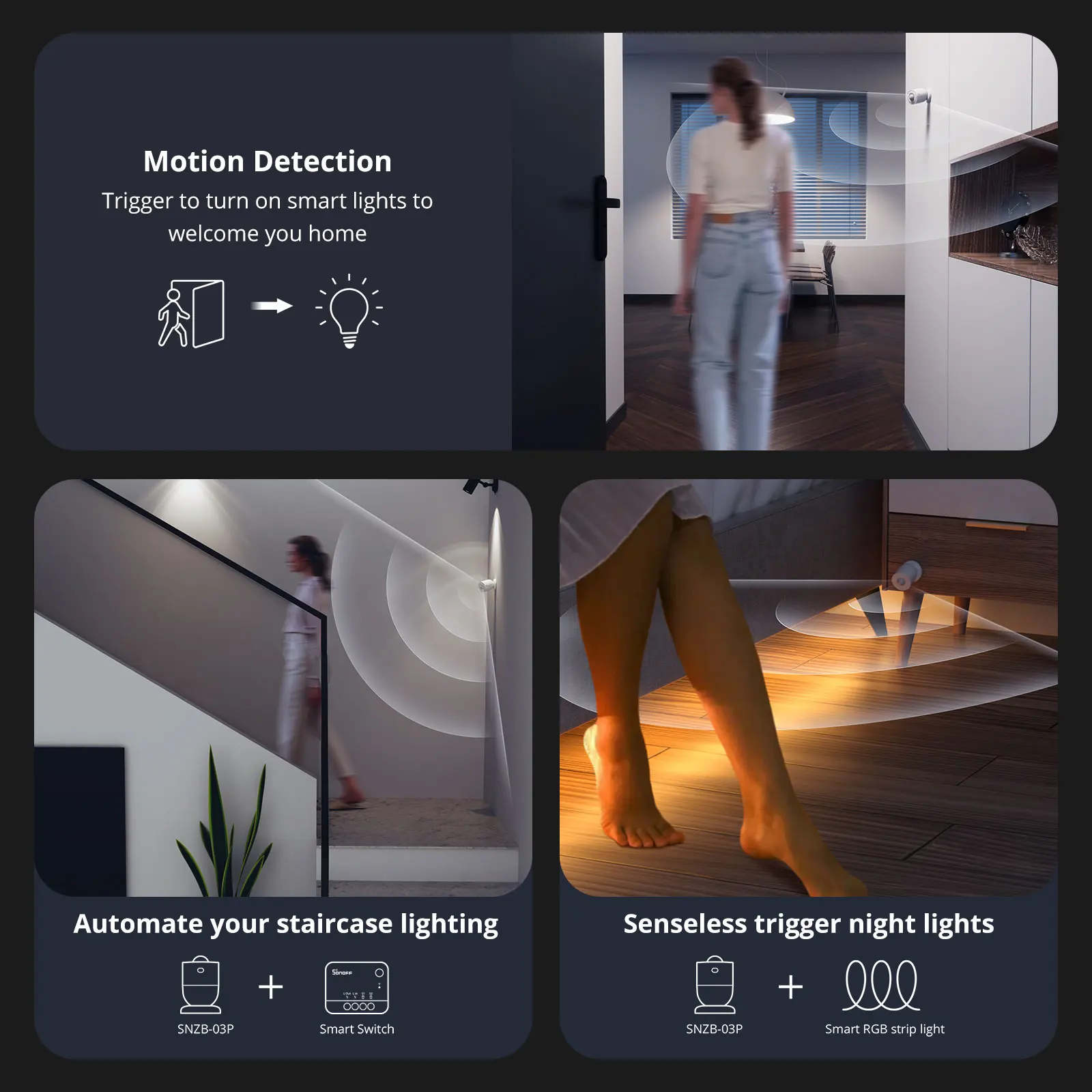 SONOFF SNZB-03P Zigbee Motion Sensor Environment Light Detection Home Security Alert Notification via eWeLink Alexa Google