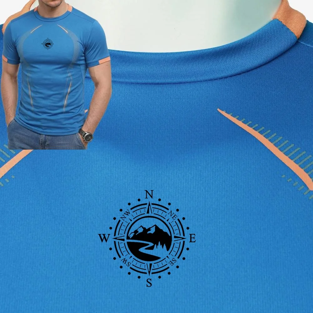 Men's Large Compass Pattern Thin Compression T-Shirt High Stretch Muscle Fit Quick Dry Breathable Sports Tee for Fitness And Sun