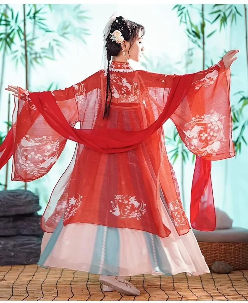 Chinese Style Hanfu Red Cosplay Costumes Dresse For Girl Stage Wear Dance Kids Hanfu Dress Graduation Prom Formal Birthday Gift