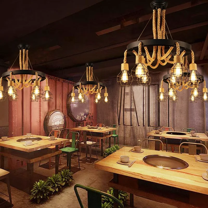Industrial Rustic Pendant Lights Hemp Rope Indoor Lamp Para Sala Hanging Rope Lights for Living Dining Home Suspended Luminaire