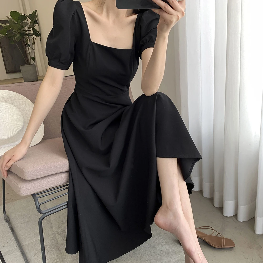 2024 Red Puff Sleeve Square Collar Party Wedding Vestidos Summer Black Elegant Bodycon Midi Dress Women Casual Bow Evening Dress