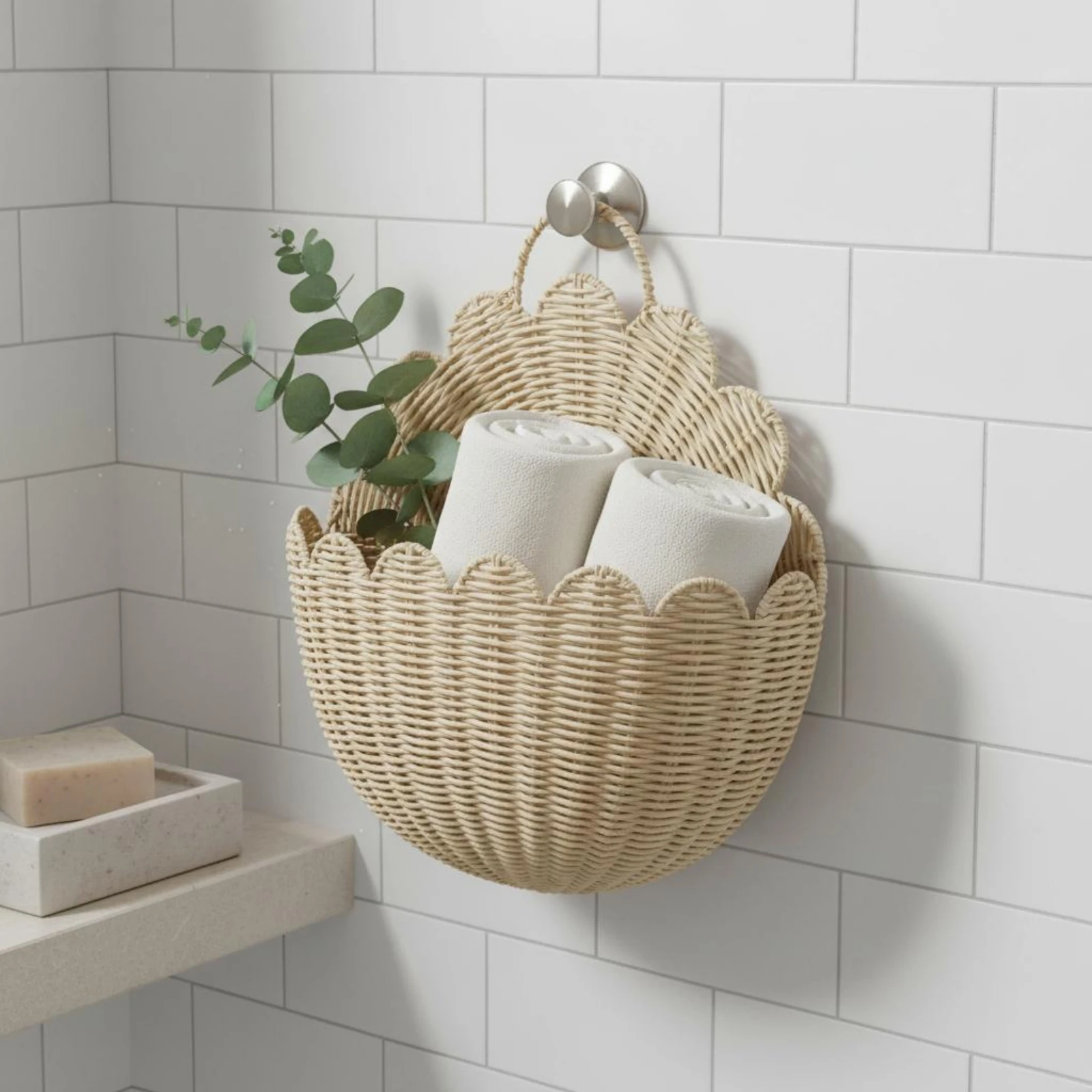 Fan Wall Basket Handwoven Rattan Wall Basket Decorative Space Saving for Living Room, Bathroom