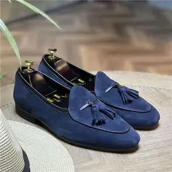 Blue Grey Men Loafers Genuine Leather Handmade Slip on Flat Casual Shoes Solid Tassel Office Wedding Party Dress Shoes for Men