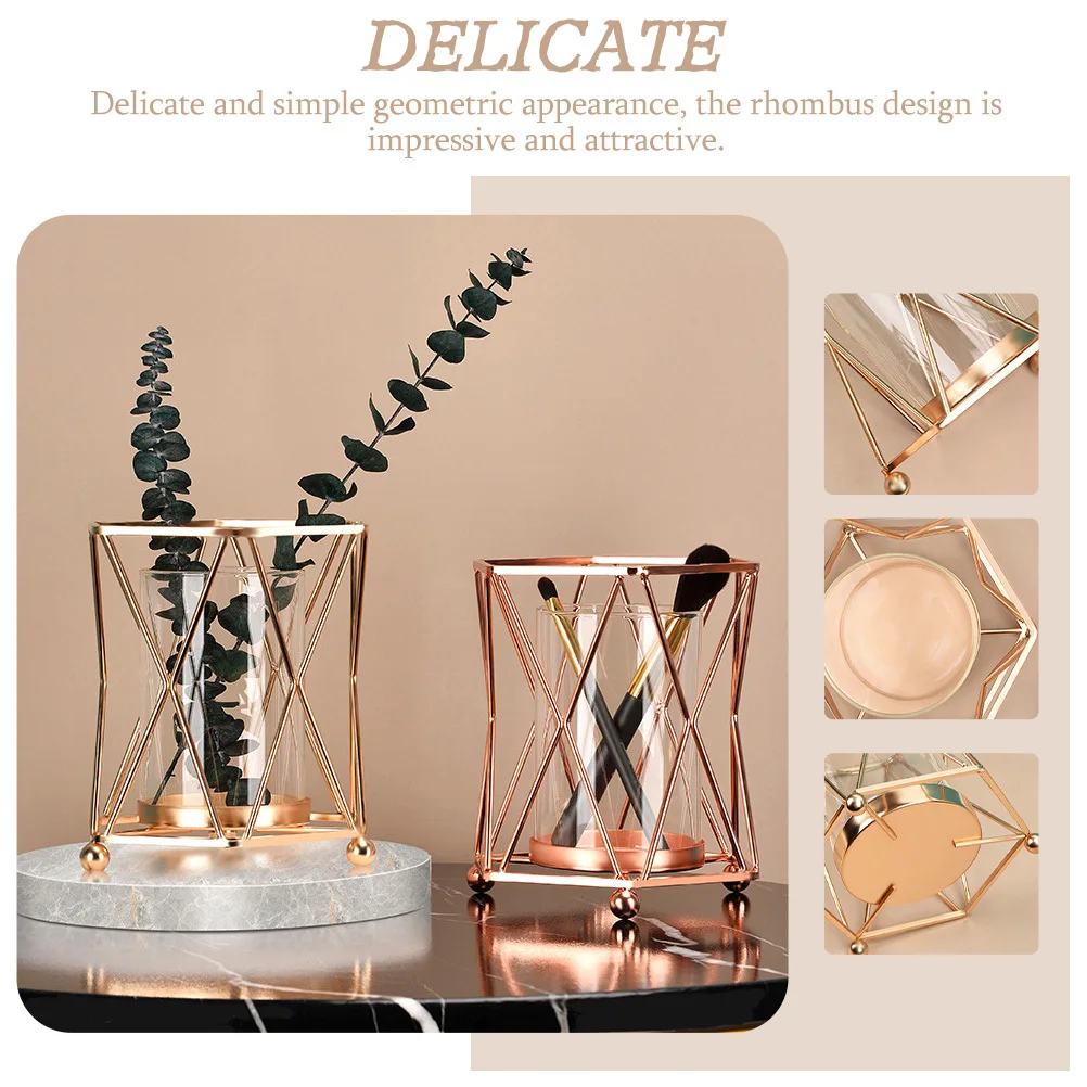 

Iron Art Hydroponic Glass Flower Vase Eco Friendly Rhombus Shape Decorative Plant Holder Dried Flowers Home Decor