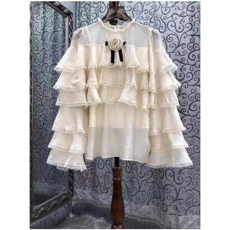 الكشكشة الدانتيل امرأة 2025 القمصان والبلوزات ثلاثية الأبعاد زهرة Blusas Mujer فضفاضة طويلة الأكمام Ropa الخريف ملابس جديدة الجولة الرقبة قمصان