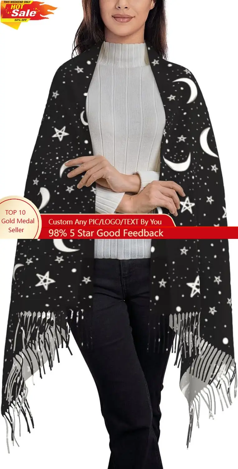 

Black White Moon and Star Pattern Scarf Long Shawl Wraps Pashmina for Women Girls with Tassels Soft Warm Cozy