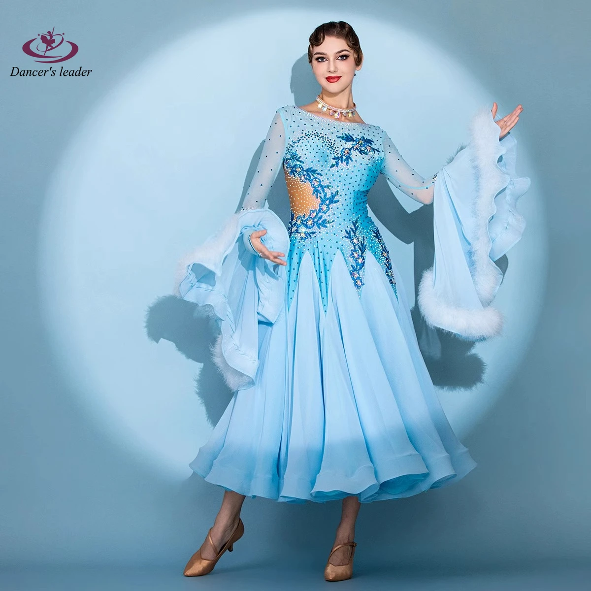 

Latin Dance Diamond Female Adult Children High end Customized Modern Fluffy Sleeves Waltz Performance High Flash Dress