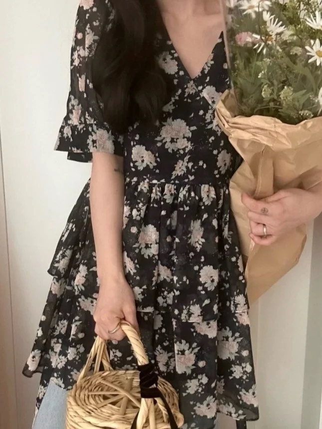 Estate 2025 Nuovo dolce stampa floreale Dr Donna V-ne Cravatta Vita Tea Break Dr Age-defng Retro Sle Casual Maxi Dr