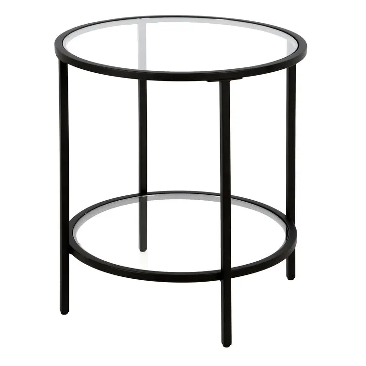 black Color Metal Frame Glass Top End Table Round Side Table for Living Room