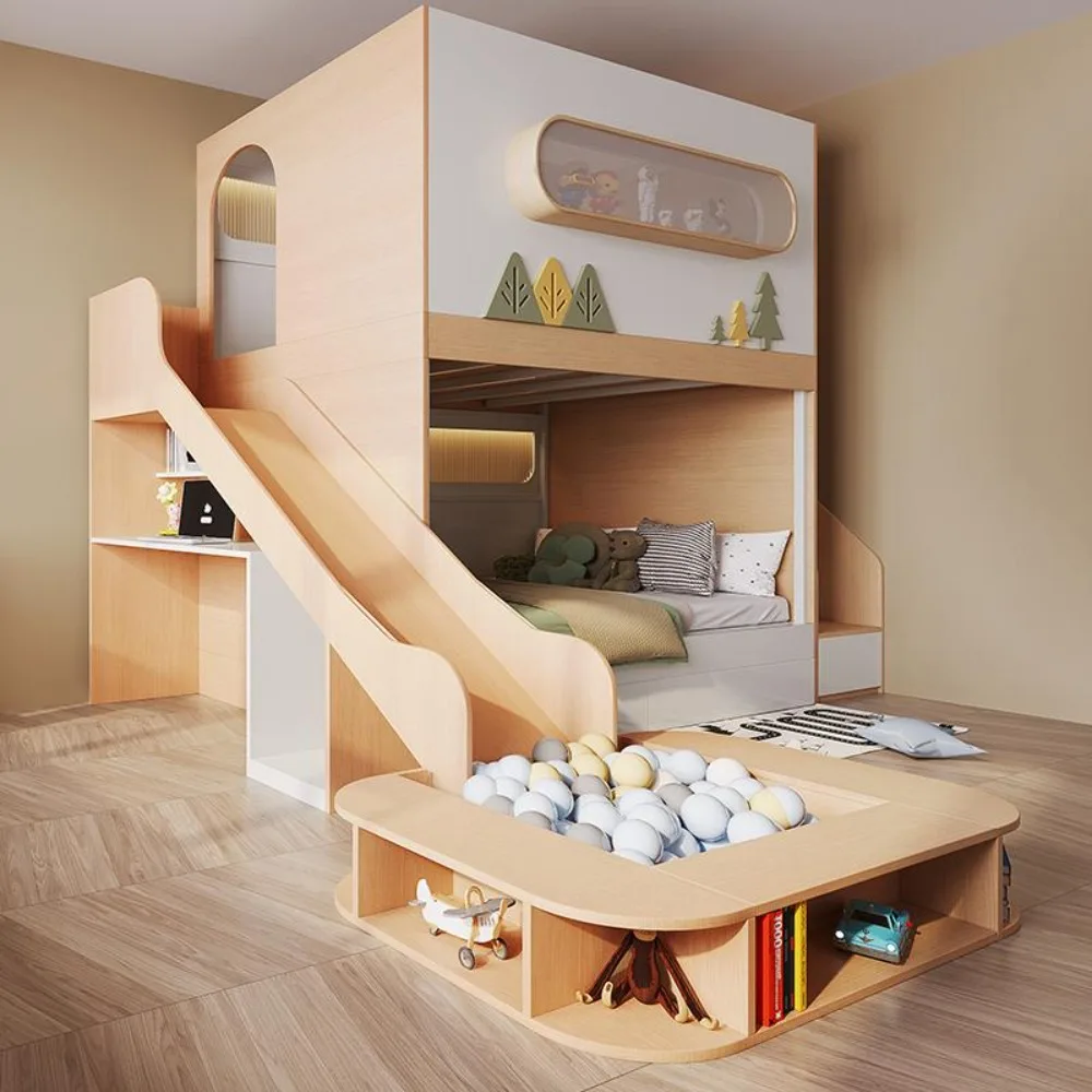 Space Capsule Treehouse Bunk Bed with Slide and Ball Pit High Low Sleeper Twin Bed Frame with Stairs for Bedroom Gaming Room