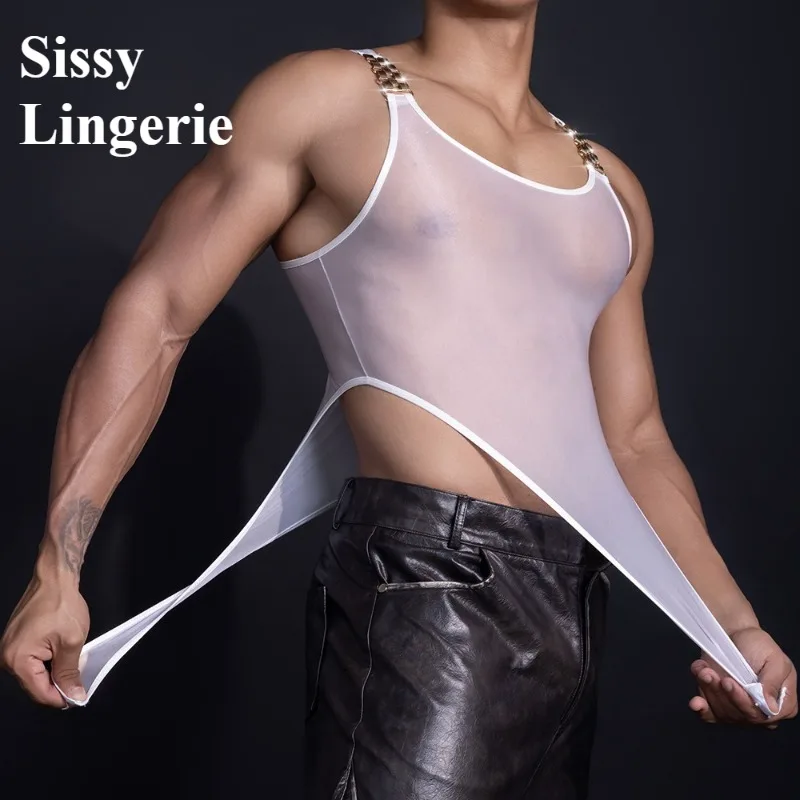 

Sexy Men's Sheer Bodysuit Tops Oil Glossy Buckle Open Crotch Leotard Sissy Lingerie Exotic Gay Tights Elastic Shiny Shapewear