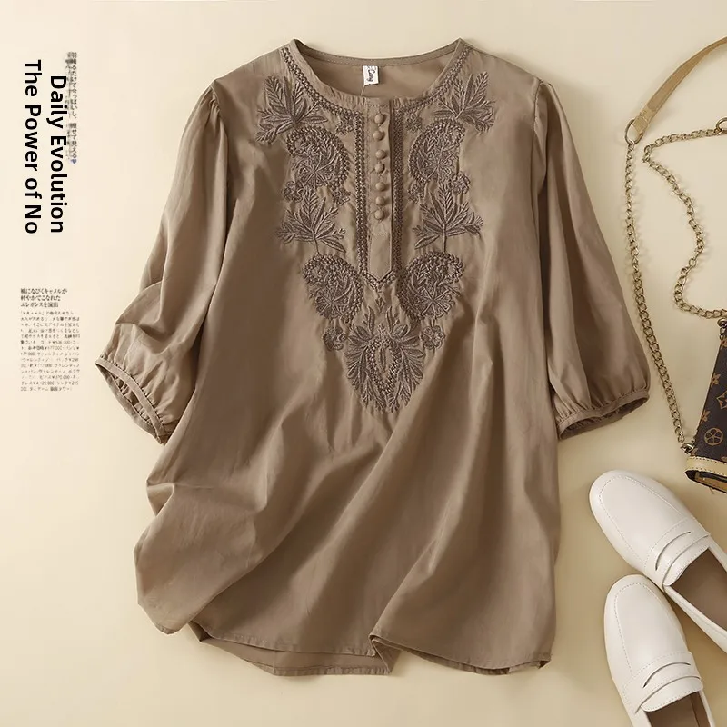 Top Retro de lino y algodón bordado pesado de cinco cuartos Sve irt de talla grande para mujer, Top redondo con botones Ne