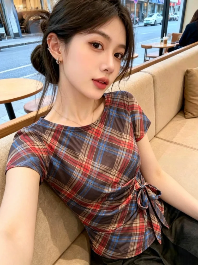 

Retro Plaid Waistband Tie Short Sleeve Mesh T-Shirt Women Early Spring New Fashionable Top Korean Style Slim Fit round Neck