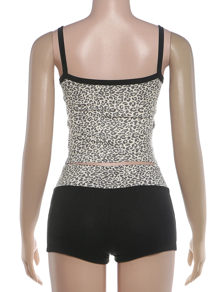 Weird Puss Leopardenmuster 2-teiliges Set Damen Low-Neck Rückenfreies Camisole + Patchwork-Shorts mit elastischem Bund Street Classic Alltagsanzug – Detail 5