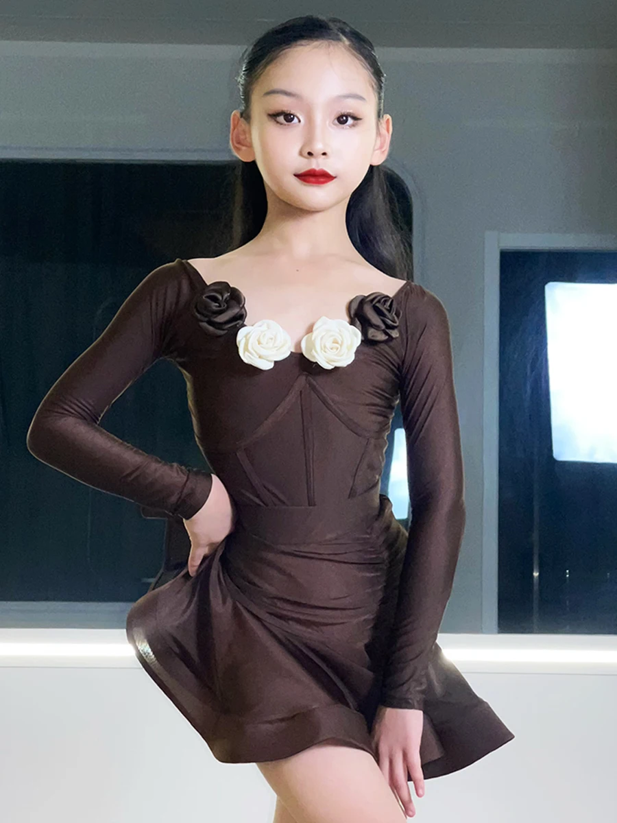 2023 New Kids Latin Dance Dress Girls Winter Practice Clothing Rumba Dance Performance Costume Ballroom Dance Dress DNV18619