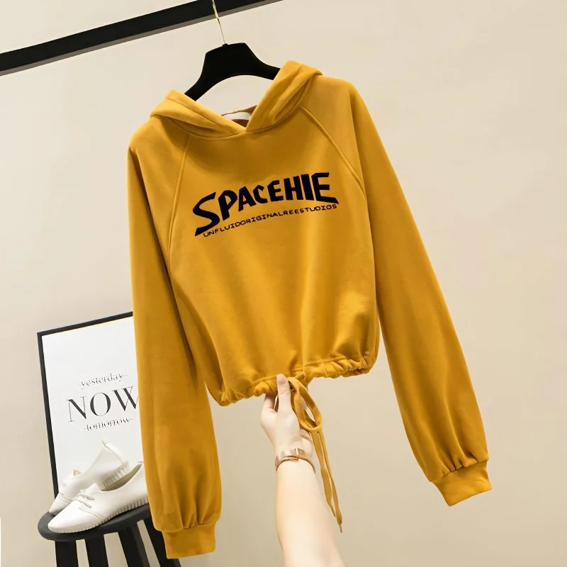 

Autumn 2024 New Fashion Short Hooded Sweatshirt Women's Long Sleeve T-shirt Loose High Waist Top Ins Coat Trendy