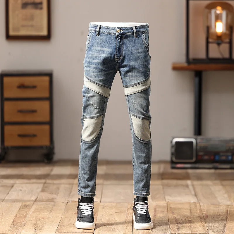 

2024High-End Jeans Men's Stitching Trendy Retro Street Personalized Design Slim Fit Skinny Motorcycle Pants