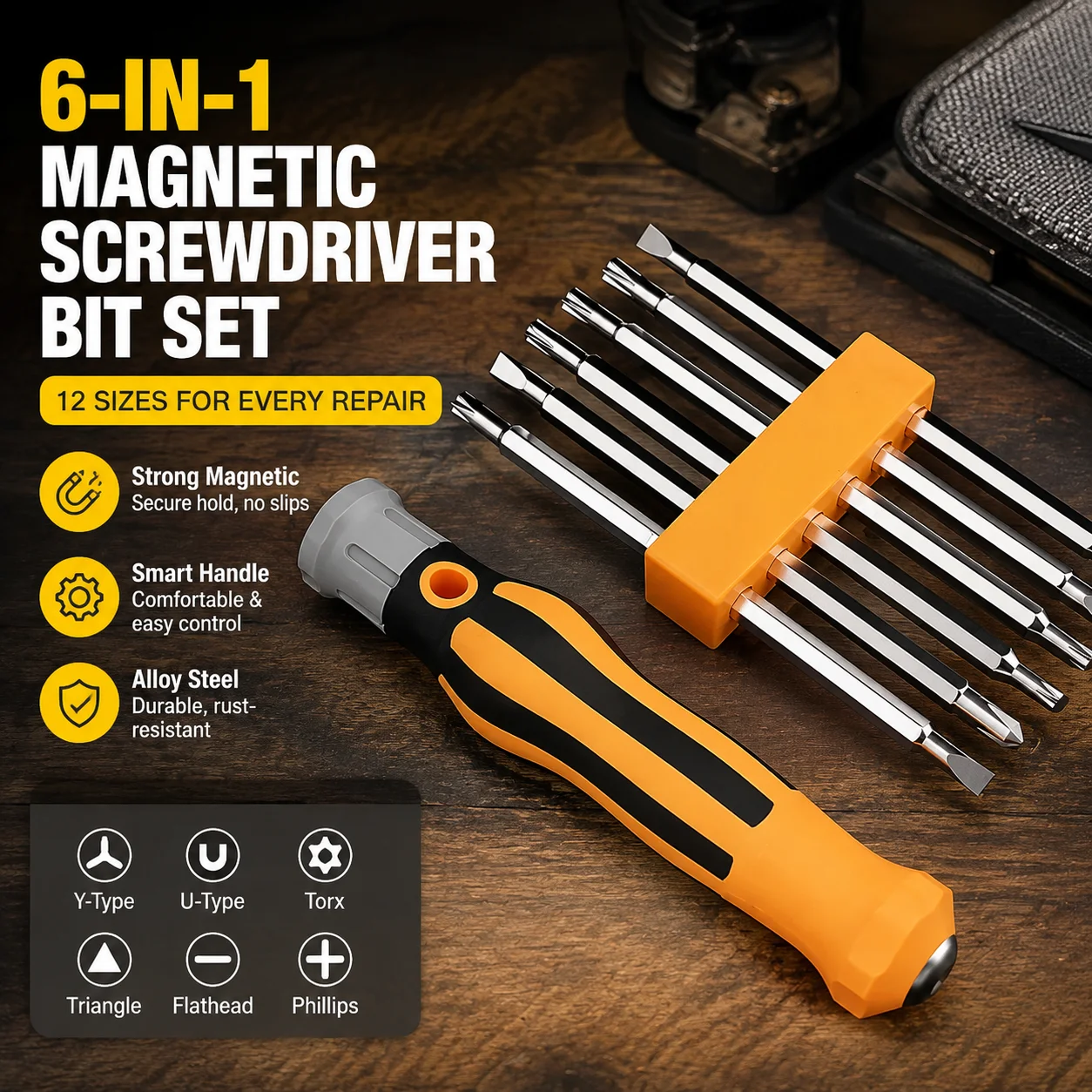 6-in-1 Magnetic Screwdriver Bit Set with Smart Handle, 12 Sizes, Y-Type U-Type Torx Triangle, Alloy Steel Multi-Function Repair