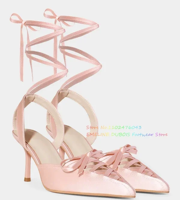 

Pink Kitten Satin Heels Pointed Toe Long Lace-Up Ankle Straps Slingback High Heel Girl Elegant Pumps Summer Brand Party Shoes