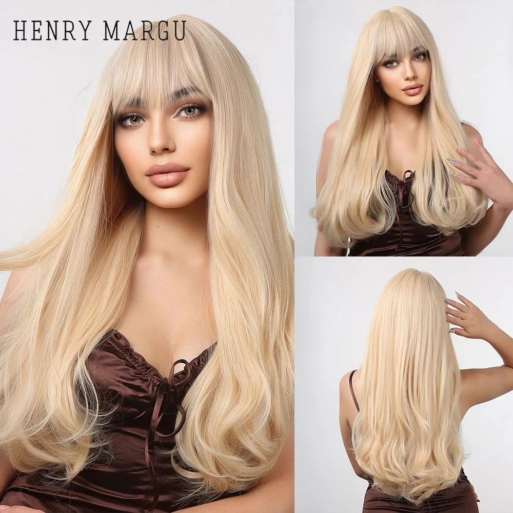 

HNERY MARGU Long Straight Light Blonde Synthetic Wigs for White Women Natural Hair With Bangs Daily Party Heat Resistant Wigs