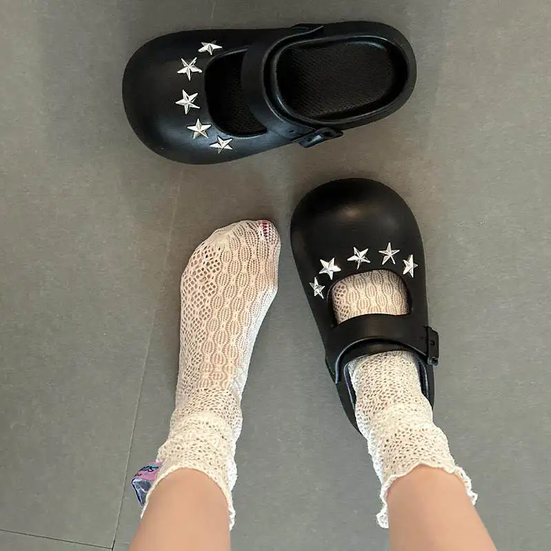 Original Cute Rivet Star Mary Jane Slippers Sweet Girl Thick Sole Non Slip Clogs Korean Ins Style Beach Women's Sandals Slippers