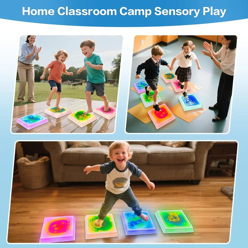 Light Up Sensory Floor Tiles - 12x12 Inch Liquid Play Mat with 7 Colors LED, Non-Slip Puzzle Mat for Home, Classroom, Autism Toys for Toddlers Ages 3-7 (Pack of 6) view 5