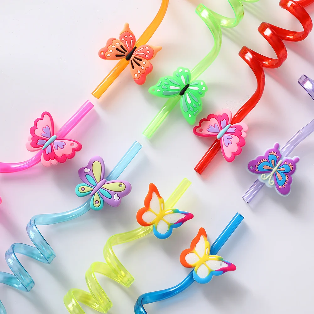 8pcs Butterfly Plastic Drinking Straw Reusable Butterfly Straw For Kids Birthday Butterfly Themed Party Decoration Supplies