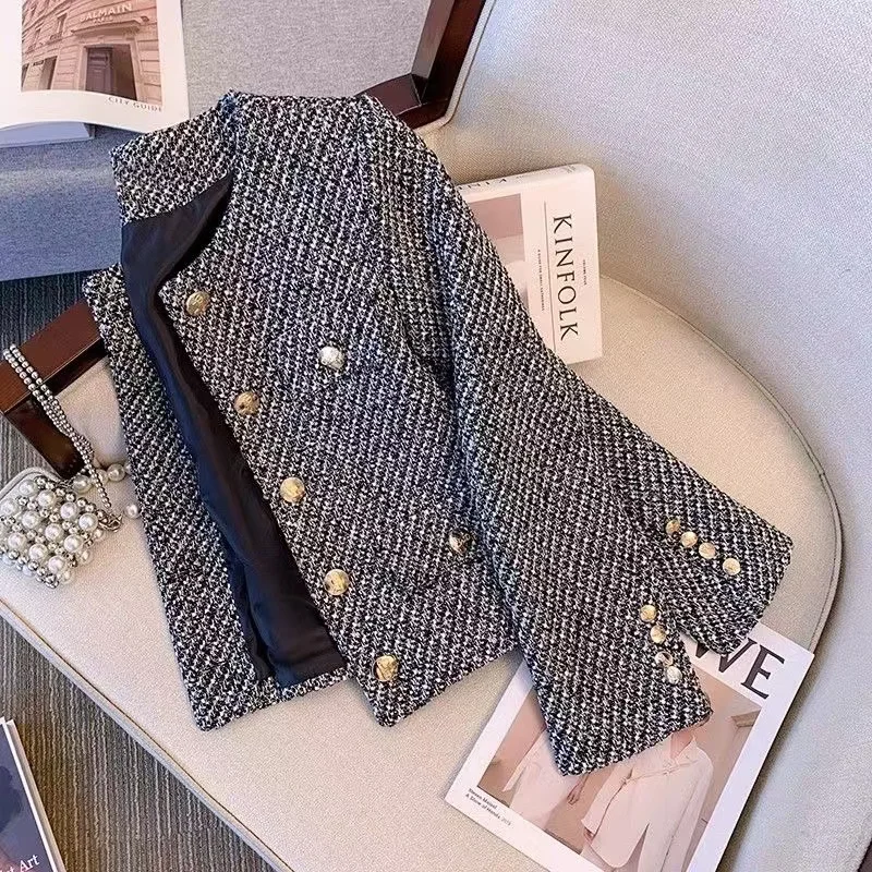 2025 Winter Vintage Tweed Jacket Small Cardigan Female Korean Short Small Fragrance Joint Elegant Woolen Coat Female