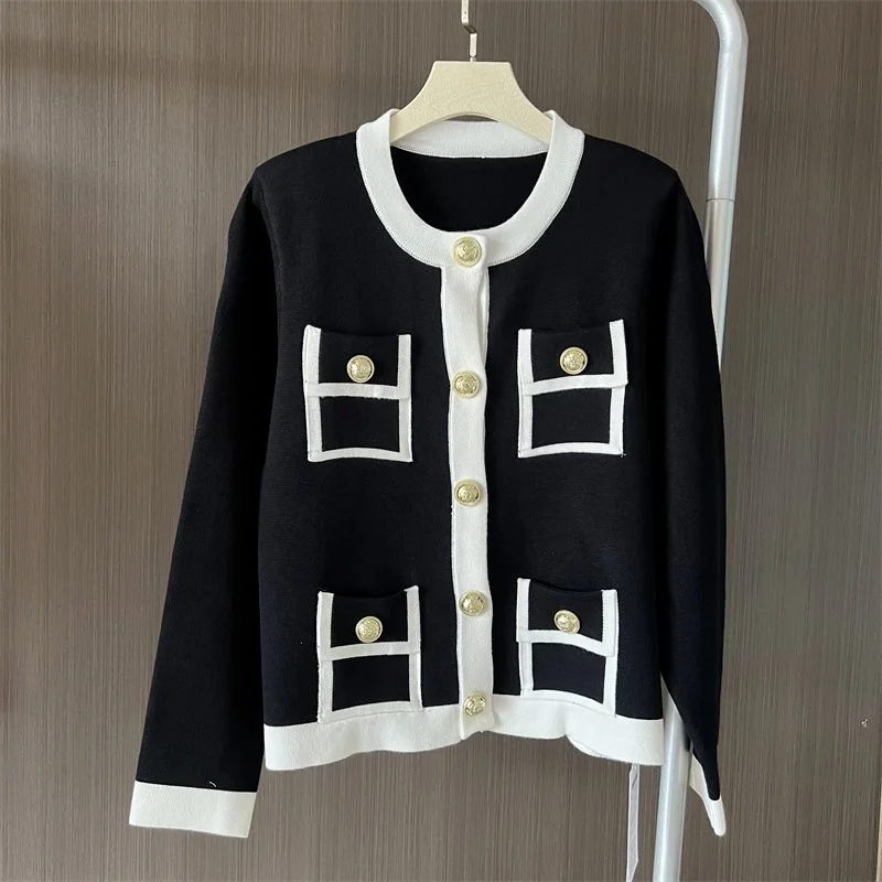 

Роскошный вязаный кардиган с металлическими пуговицами для женщин, весна-осень, с подплечниками, в корейском стиле, с лоскутными вставками и карманами