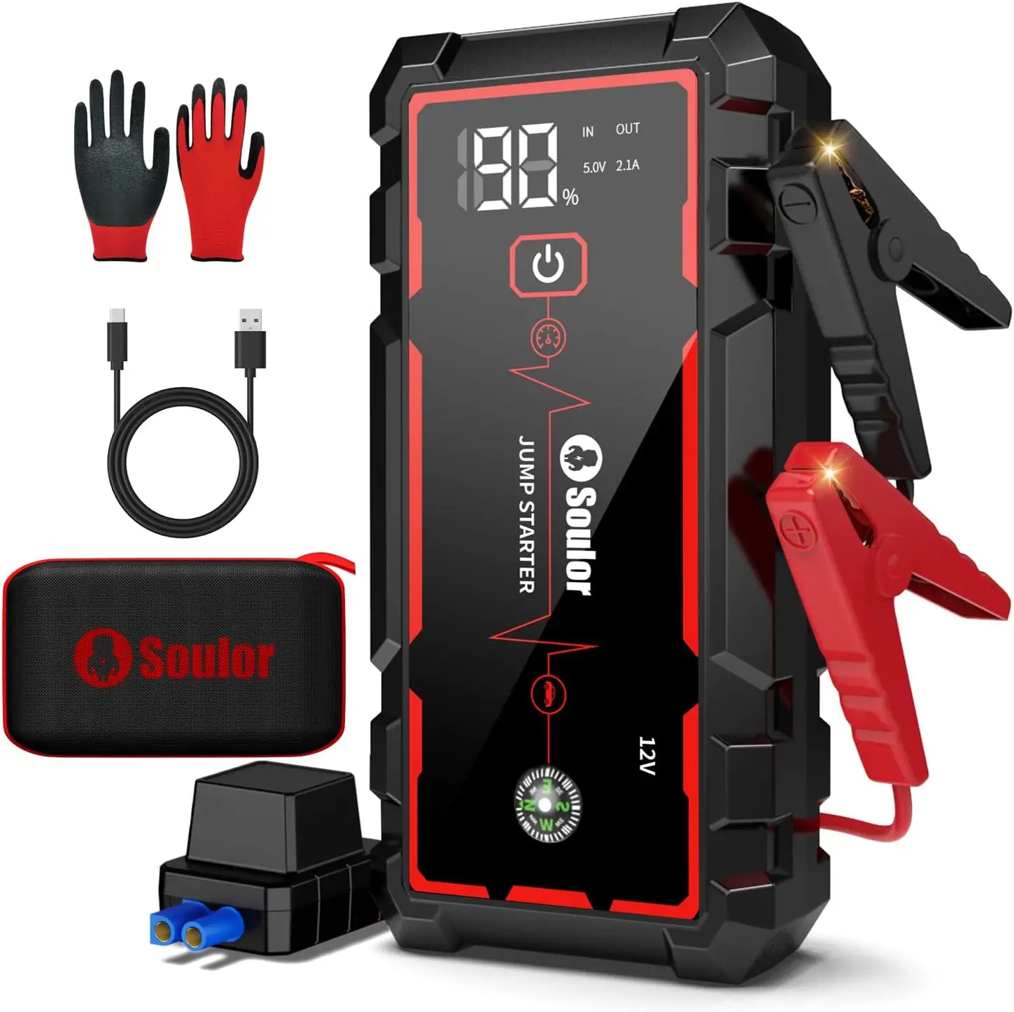 

5000A Portable Car Jump Starter with Flashlight & Jumper Cables - Reliable Battery Booster for Emergencies