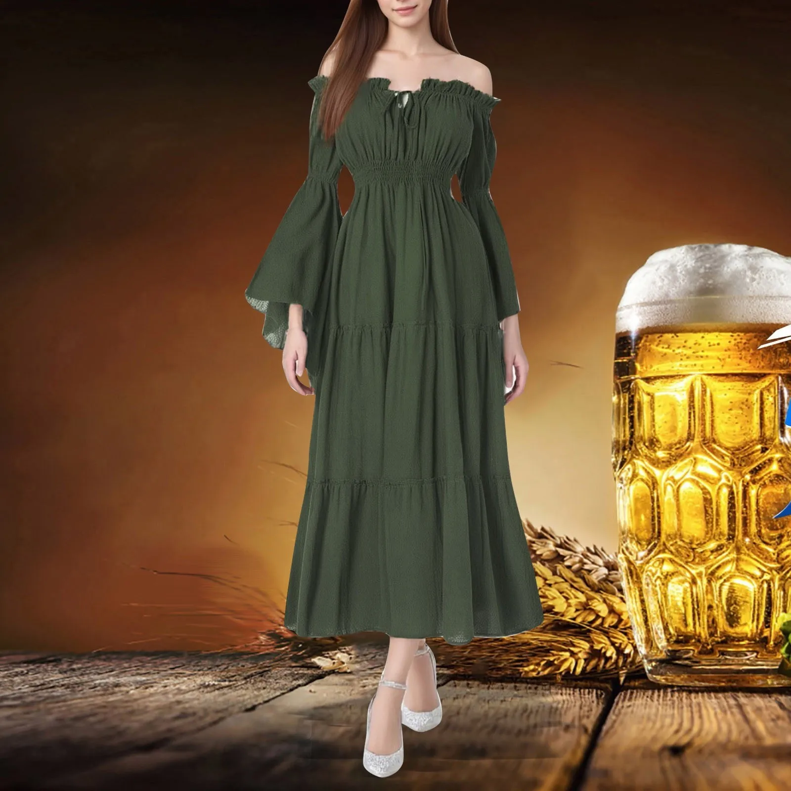 

Women Renaissance Irish Dress Off Shoulder Medieval Peasant Dress Pirate Costume Wench Retro Gown Smocked Waist Maxi Long Dress