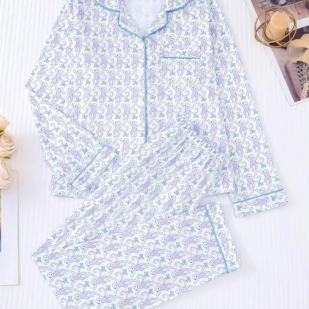 

Комплект домашней одежды на День святого Валентина: синяя пижама с воротником-дьявольским лацканом, длинными рукавами и брюками. Подарок для женщин.