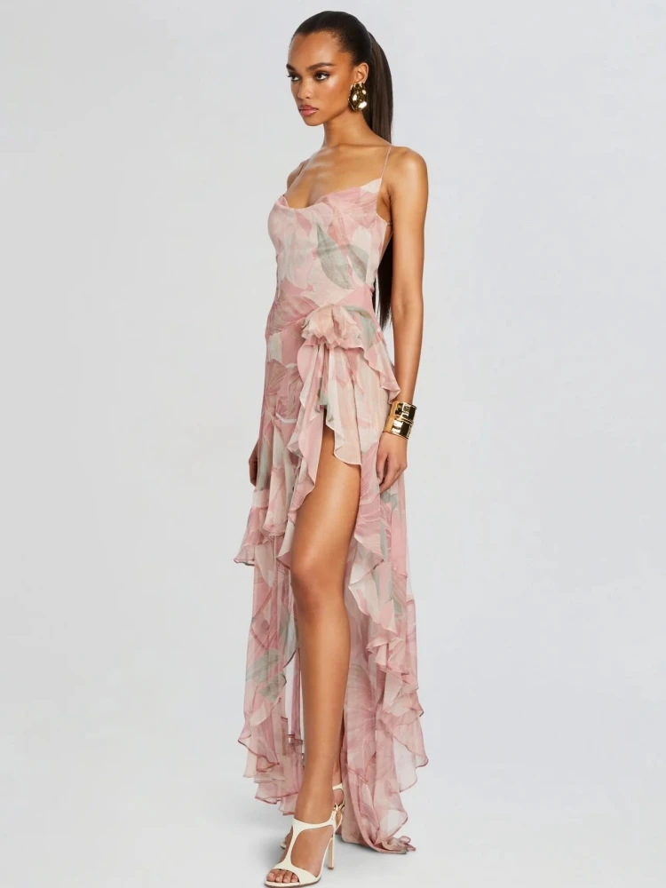 Summer Sexy Spaghetti Strap Printed Ruffles Long Dress Women Pink Sleeveless Backless Draped Dresses Holiday Party Sundress