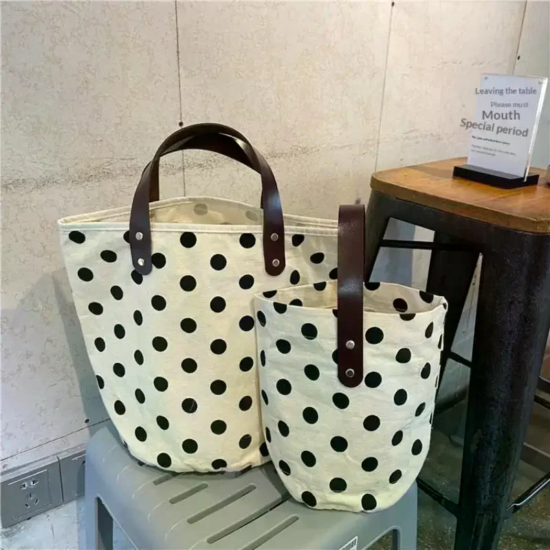Simple Polka Dot Canvas Tote Bag For Women Large And Small Handbags With Leather Handles Casual Daily Shopping Shoulder Bags