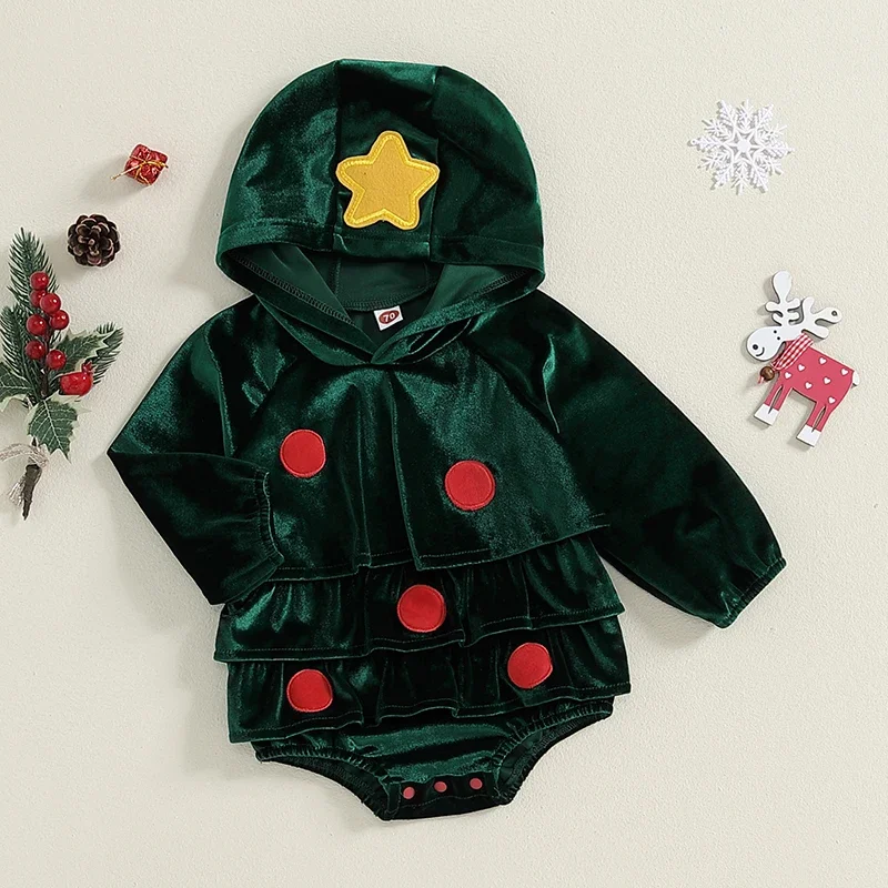 Toddler Baby Girls Bodysuits Christmas Clothes Xmas Tree Shaped Star Dot Patch Hooded Long Sleeve Fall Jumpsuit