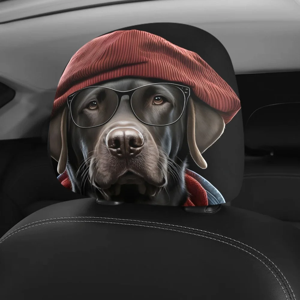 Set of 2 Car Headrest And Protectors Featuring a Labrador Dog Print, Complete with a Hat And Glasses. They Are Designed