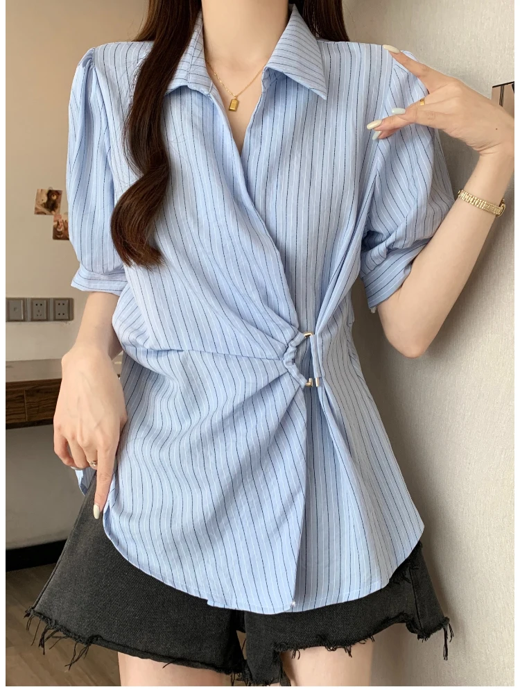 قمصان نسائية فرنسية مخططة بلوزات بيضاء غير منتظمة عتيقة للسيدات بأكمام طويلة وأزرار أنيقة تصميم نحيف جديد #4