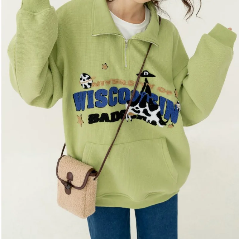 Avocado Green Cute Cow Embroidery POLO Shirt Sweatshirt Half Zipper Loose Casual Students Girls Pullover Kawaii Clothes Harajuku