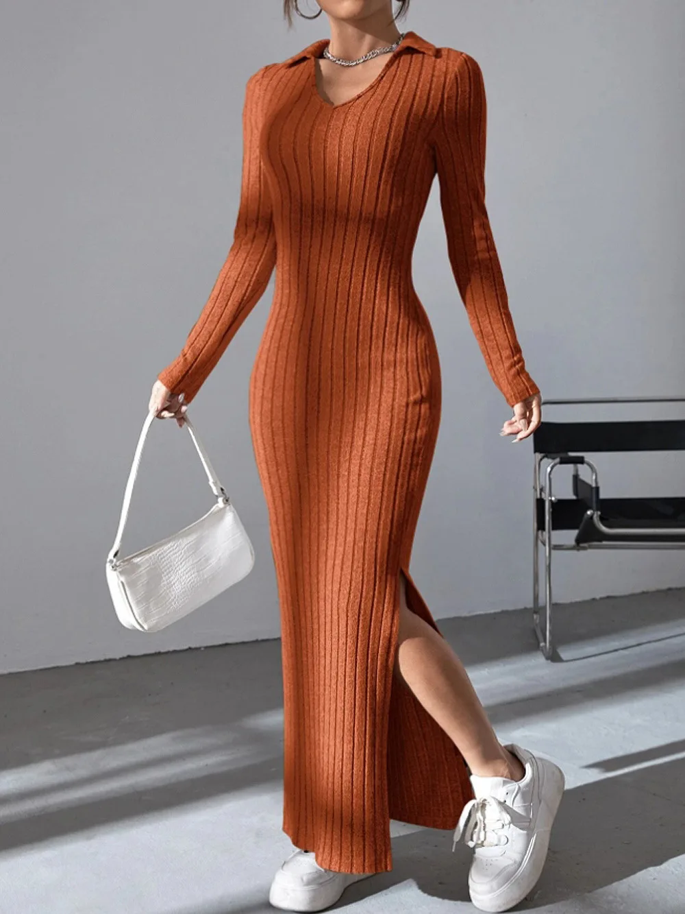 2024 Spring/Summer Knitted Dress Slim Fit Fashion Casual Women\'s Lapel Long sleeved Dress Concave Stripe Solid Color Long Dress