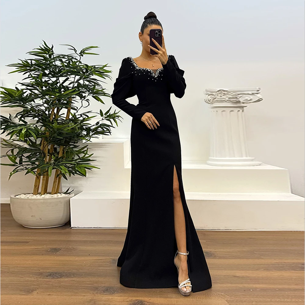 

Beaded Evening Dress Luxury 2025 Black Elegant Full Sleeves Long Prom Dress for Women Mermaid Long Cocktail Gowns