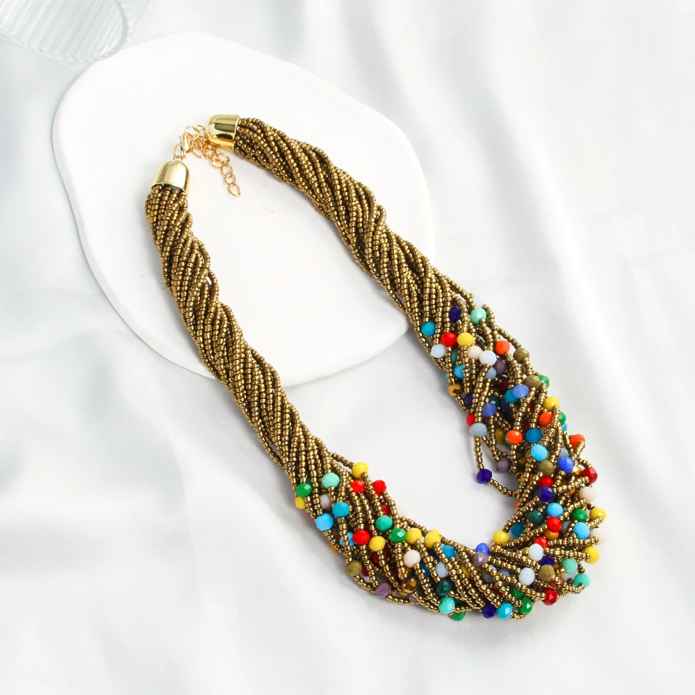 Fashion Bohemian Ethnic Style Exaggerated Women Jewelry  Multilayer Rice Beads 6mm Colored Glass Beaded Necklace Handmade Choker