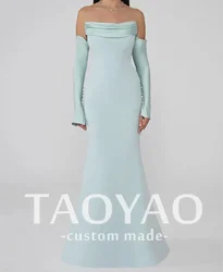 Baby Blue Off Shoulder Crepe Evening Dresses with Buttons Mermaid Strapless Watteau Train Pleated Prom Dress Robes de Soirée