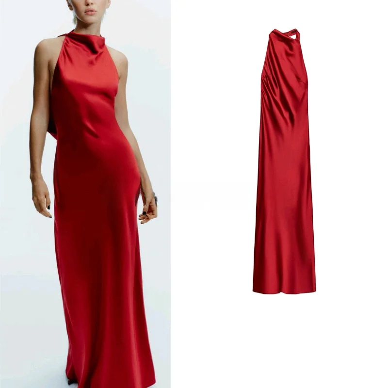 Winter New Women's Beach Vaion Sle Off-oulder Silk Satin Long Dr Hanging Collar Neline One-Piece Summer Gown