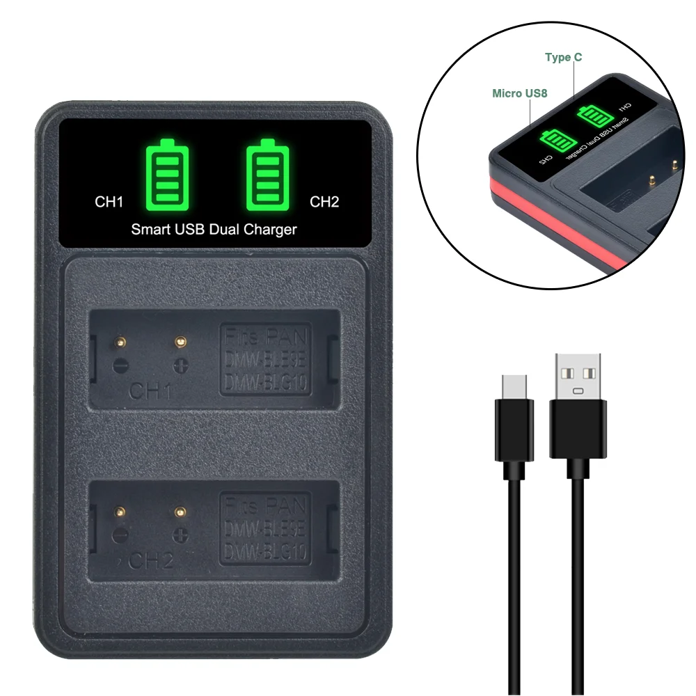 Pickle Power DMW-BLG10 DMW-BLE9 LED Dual Charger with USB Cable and Type C Port for Panasonic LUMIX GF5 GF6 GX7 LX100 GX80 GX85