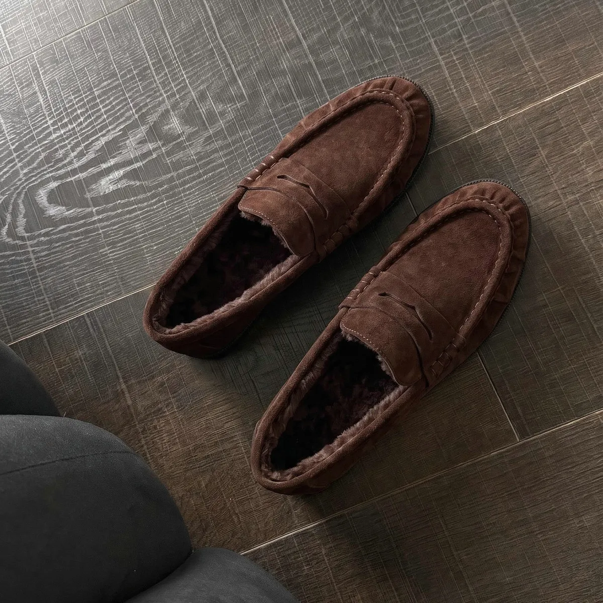 Women's Winter Wool Loafers - Suede Leather Round Toe Flats