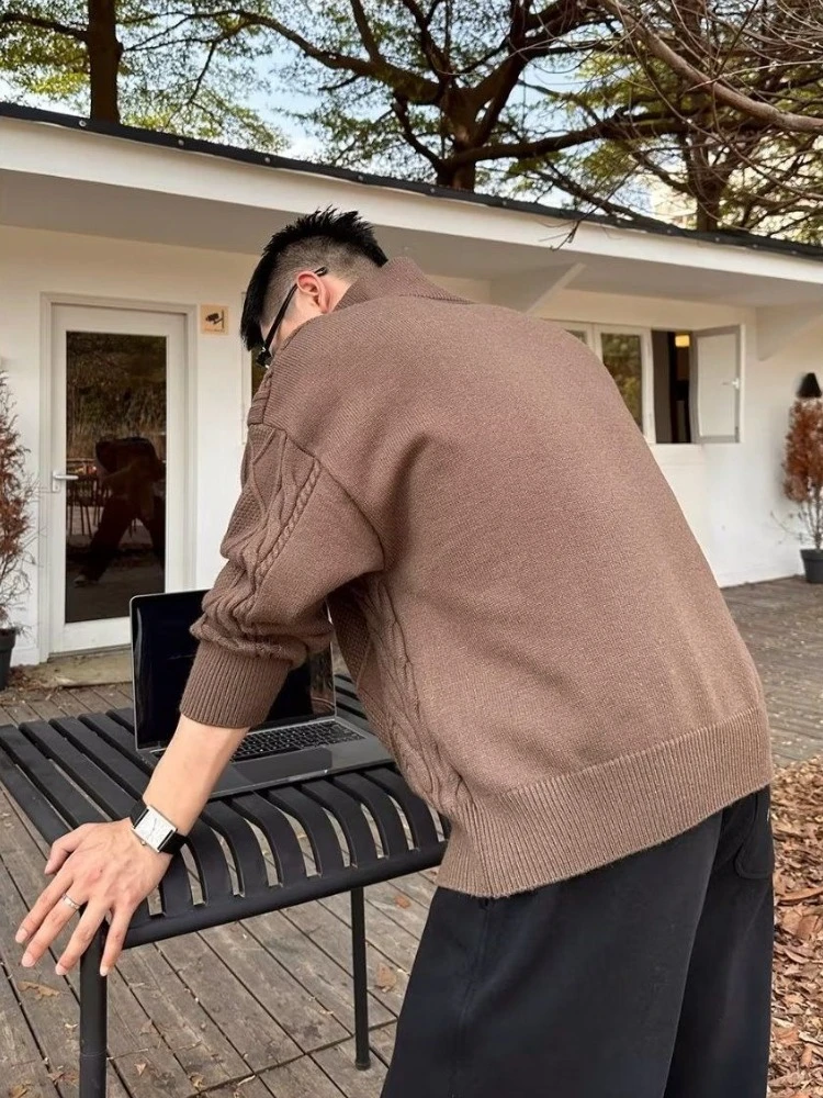 Engrossado masculino 2025 novo botão aw cabo malha cardigan coreano solto ajuste todos os jogos cor sólida casual sair volta camisola outerwear